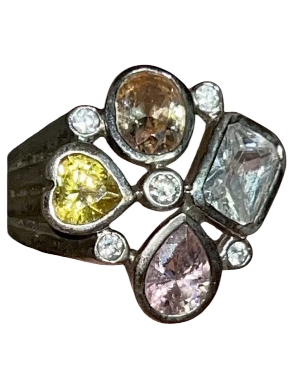 Chunky Multi-Gem Sterling Statement Ring - Yellow, Pink, Champagne & Clear CZ